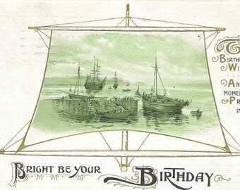 Sailing Ships in Harbor - Antique Birthday Postcard 1914 - Bright Be Your Birthday