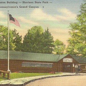 Bâtiment de concession HARRISON STATE PARK Carte postale en lin vintage inutilisée Le Grand Canyon de Pennsylvanie