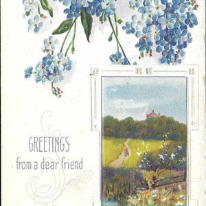 Salutations d'un cher ami - Carte postale ancienne en relief - Scène de campagne et myosotis - Carte postale E Nash des années 1910