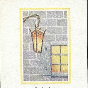 Lanterne chandelle suspendue près d'une fenêtre, carte postale de Noël antique avec verset des fêtes de fin d'année 1922
