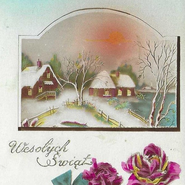 Wesolych Swiat Carte postale de Noël polonaise antique Maisons couvertes de neige et panier de fleurs Fin des années 1900