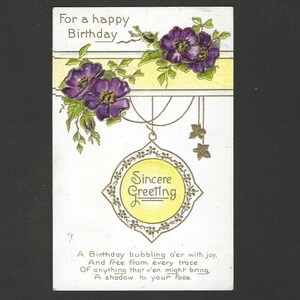 Carte postale d'anniversaire antique 1911, fleurs violettes et vers pensifs, voeux sincères pour un joyeux anniversaire