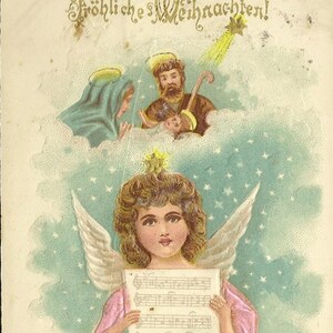 Ange avec partitions sous ciel étoilé et Sainte Famille Carte postale de Noël allemande ancienne Frohliche Weihnachten 1906 UDB