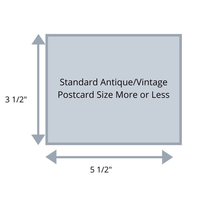 May include: A diagram showing the standard size of an antique or vintage postcard, which is approximately 3 1/2 inches by 5 1/2 inches.