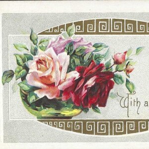Cordialement, carte postale de l'amitié ancienne, roses dans un vase, carte postale ancienne inutilisée