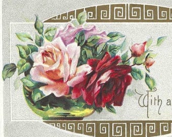 Antique Roses Postcard: 1910s Friendship Greetings