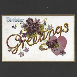 Violet Bouquet Unused Embossed Antique Birthday Postcard Rope Greeting - R Kaplan Publisher - February Birthday