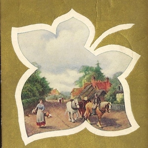 Carte postale d'art ancienne 1910 Scène d'homme et de chevaux de trait en forme de feuille Extrait de vers d'une élégie écrite dans un cimetière de campagne par Thomas Gray