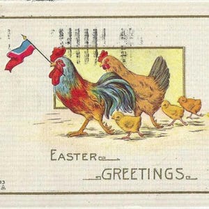 Carte postale de Pâques antique légèrement gaufrée Famille heureuse de poulets - Poule coq et trois poussins - Carte postale publicitaire Purina Chicken Feeds