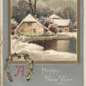 Maison de campagne enneigée au bord d'un lac Carte postale ancienne du Nouvel An annulée le 31 décembre 1909 - Davidson Brothers Publishing