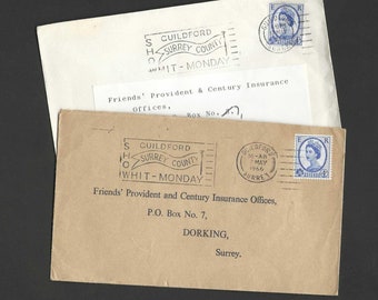 Friends' Provident and Century Insurance Offices Dorking Surrey - PAIR of Covers 1965 and 1966 Nice Cancels Guildford Surrey County