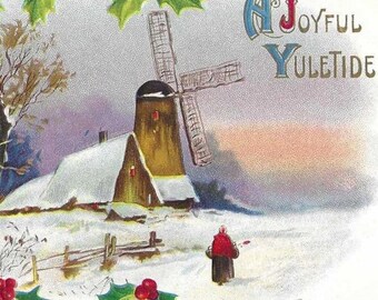 Moulin à vent couvert de neige et paysage carte postale de Noël antique inutilisée frontière festive de houx un joyeux Noël