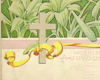 Croix et ruban jaune antique carte postale de Pâques 1909 lys de Pâques fond bannière
