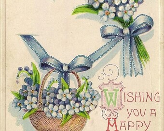 Forget-me-Not Bouquet and Basket Antique Birthday Postcard 1914