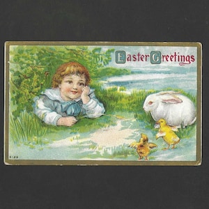 Un garçon joue avec un lapin blanc et un caneton, carte postale de Pâques antique 1911 Brook Village Station (N.-B.)
