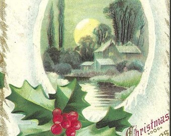County Home by Lake Under Full Moon Embossed Antique Christmas Postcard Cancelled Dec 25th 1911 Holly Accent and Lucky Horseshoe