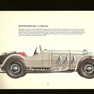 May include: A vintage silver Mercedes-Benz SSKL 7.1 Litres 1931 sports car illustration. The vehicle features a long hood, exposed exhaust pipes, wire-spoke wheels, and a spare tire mounted on the rear. Text above the car details its history.