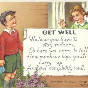 Carte postale vintage Get Well inutilisée Citation biblique Romains 15 33 - Enfants à la fenêtre envoyant des vœux à leur ami