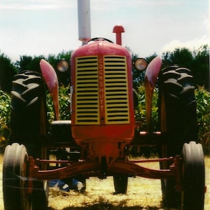 May include: A red and yellow Cockshutt tractor with large black tires. The tractor is in a field with tall grass.