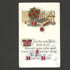 Quand il est loin, pensez à moi, vers sur une ancienne carte postale de l'amitié - 1914 - livre et rose topiaire