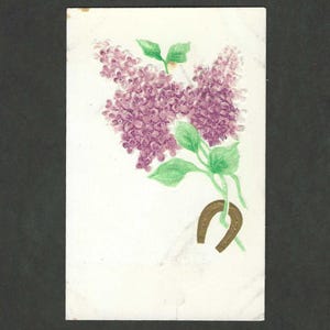 Échantillon de carte postale ancienne inutilisée de lilas et fer à cheval doré pour la chance de la série 104 de Keystone Publishing, années 1910