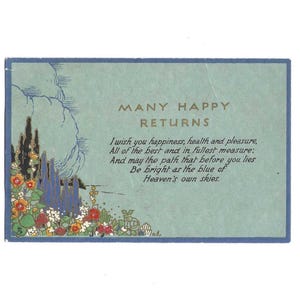 Carte postale d'anniversaire ancienne de Tuck and Sons sur fond bleu pâle et décoration florale colorée - Retours nombreux et heureux
