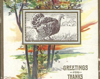 Dinde de Thanksgiving dans les bois Carte postale de Thanksgiving antique en relief inutilisée des années 1910