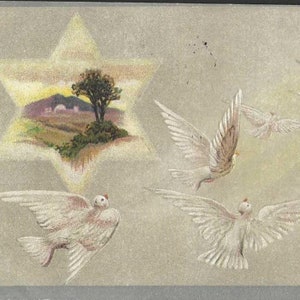Troupeau de colombes Carte postale de Pâques antique légèrement en relief 1910 Souhaits de Pâques - Scène champêtre au coucher du soleil en vignette en forme d'étoile