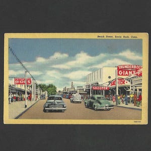 Carte postale vintage en lin SAVIN ROCK Connecticut Beach Street non utilisée - Scène de rue animée de parc d'attractions avec voitures anciennes