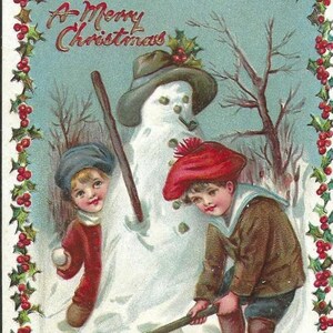 Les enfants construisent un bonhomme de neige carte postale de Noël ancienne inutilisée Tuck and Sons série 521 Happy Days