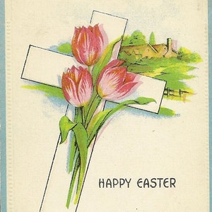 Tulipes roses gaies sur une croix - Carte postale de Pâques ancienne - Fête du printemps