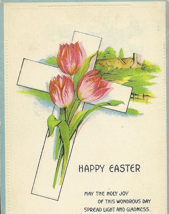 Cheerful Pink Tulips on Cross – Antique  Easter Postcard – Spring Celebration