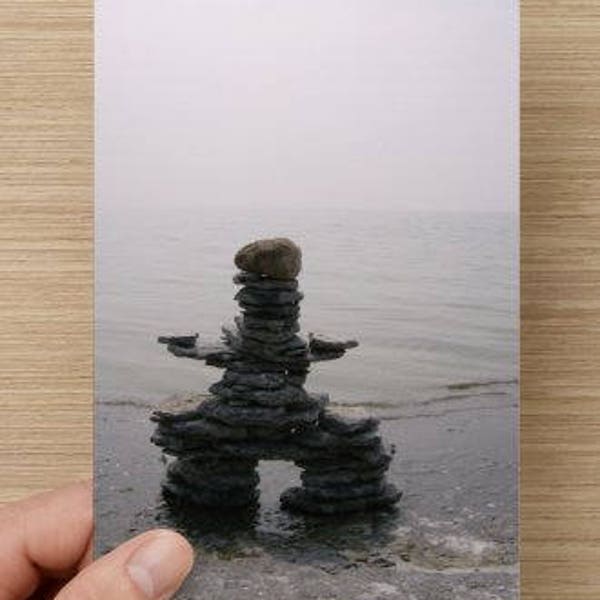 INUKSHUK On The Shore Looking Out To Sea Blank Art Photography Note Card - A Meaningful Messenger  - Inuit Symbol of Friendship