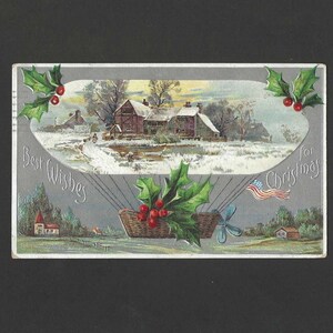 Carte postale de Noël ancienne originale Zeppelin en montgolfière de Noël 1908, panier de houx et charmante scène de campagne d'hiver