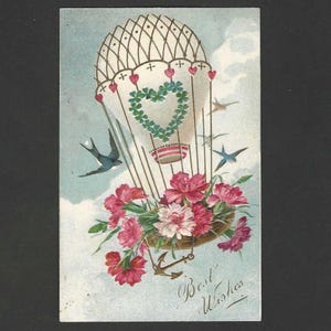 Carte postale ancienne PFB Paul Finkenrath 1908, panier d'oeillets en montgolfière avec hirondelles, série 7324 Meilleurs voeux - Anniversaire de janvier