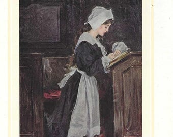 Christy Girl Puritan Girl in Prayer Original Color Print Litho Bookplate from 1906 The Christy Girl Book Howard Chandler Christy