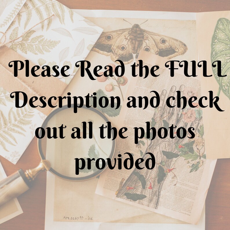 May include: Close-up of a vintage botanical illustration with a magnifying glass on top. The illustration features a butterfly, leaves, and flowers. The text "Please Read the FULL Description and check out all the photos provided" is visible.
