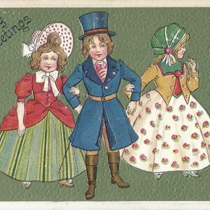 Dapper Trio apporte des voeux d'anniversaire Cartes postales d'anniversaire anciennes des années 1910 Beau fond texturé