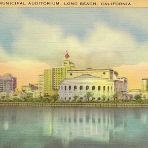 Carte postale en lin vintage LONG BEACH California Skyline and Municipal Auditorium