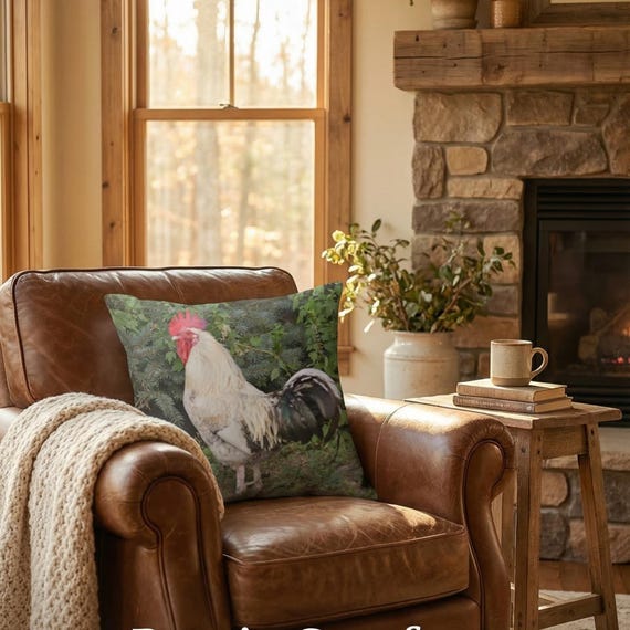 Black and White Rooster on 18x18 Velveteen Pillow Cover (Black Back) - Rise and Shine With This Barnyard Buddy