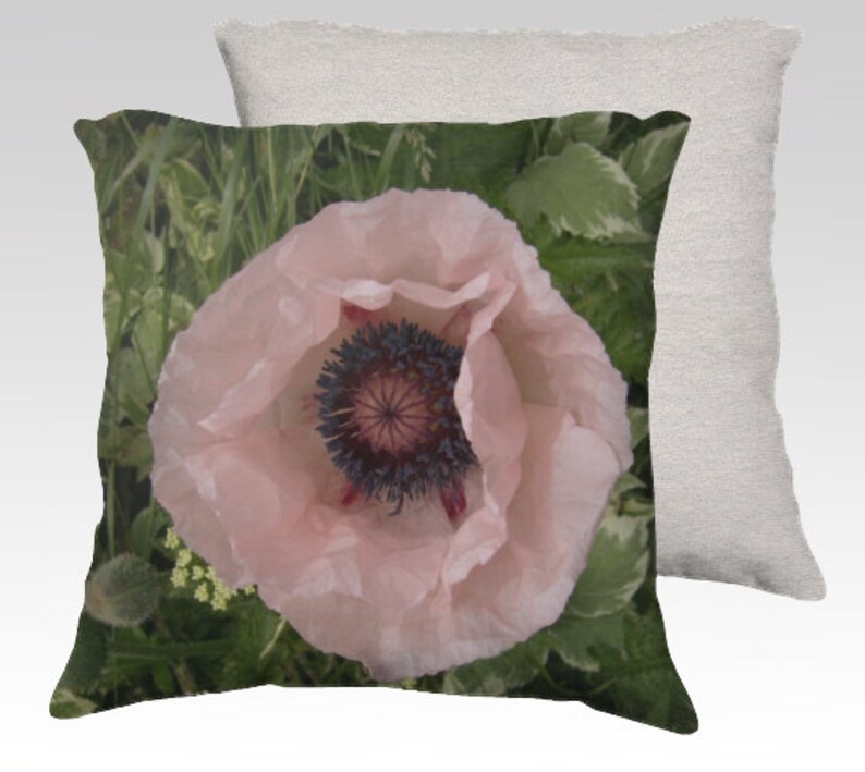May include: A decorative pillow featuring a close-up of a light pink poppy flower with a dark blue center, set against a backdrop of green foliage. The pillow's reverse side is a solid, textured off-white fabric.