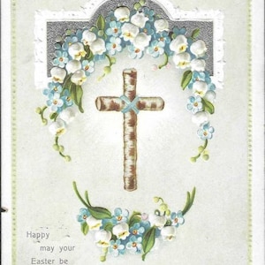 Croix en bois avec muguet et myosotis en relief Carte postale de Pâques antique 1912 Voeux de Pâques