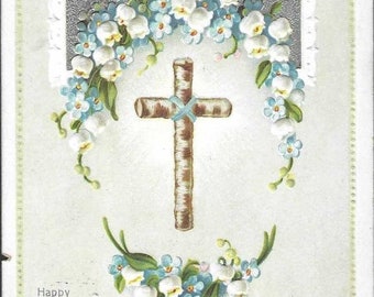 Wooden Cross With Lily-of-the-Valley and Forget-Me-Nots Embossed Antique Easter Postcard 1912