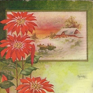 Une voiture ancienne s'approche d'une maison de campagne enneigée, carte postale de Noël antique en relief 1909 Crystal Manitoba Cancel, accent poinsettia rouge