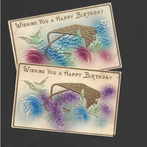 Paire de cartes postales d'anniversaire antiques en couleur brossée à l'air