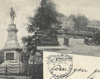Greetings From TARRYTOWN Multiview Antique UDB Postcard 1907 - Andre Monument and Brookside Park