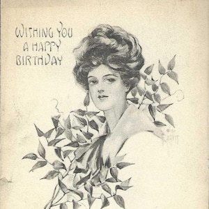 Carte postale d'anniversaire ancienne Pretty Lady with Smilax - Signée F Haass, 1913