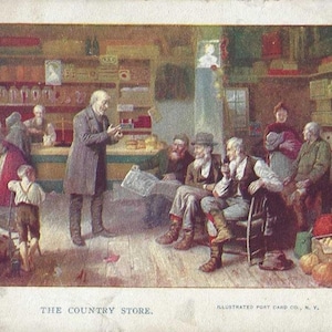 Carte postale UDB antique de The Country Store de 1906 à annuler à Sabinsville PA - Grande carte postale d'art, scène d'histoire sociale