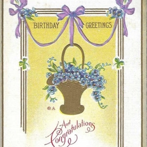 Élégante carte postale d'anniversaire ancienne en relief avec des myosotis en or, 1912 - Voeux d'anniversaire et félicitations