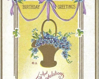 Elegant Gold Basket Filled With Forget-me-Nots Embossed Antique Birthday Postcard 1912 - Birthday Greetings and Congratulations